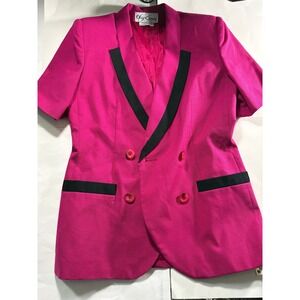 Oleg Cassini Pink Blazer Women's Size 10 Tuxedo Style Black Trim Vintage Jacket